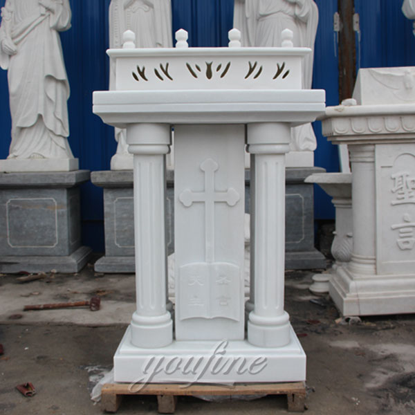 Religious statues of white marble pulpit with cross decor for sale