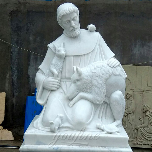 Religious white marble sculptures of St. Francis for sale