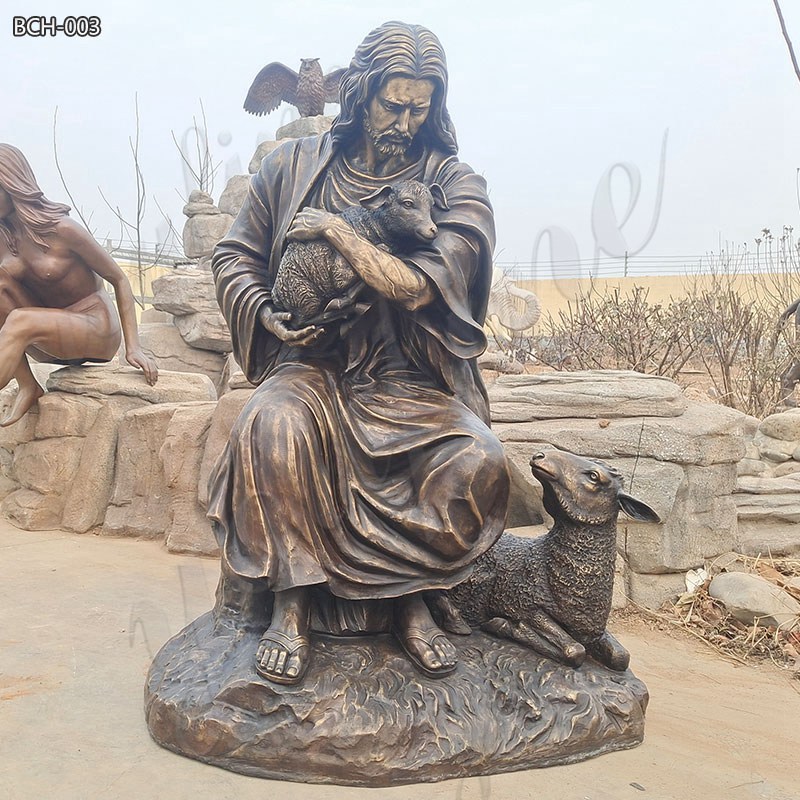 Life Size Bronze Christus Statue with Sheep for Sale